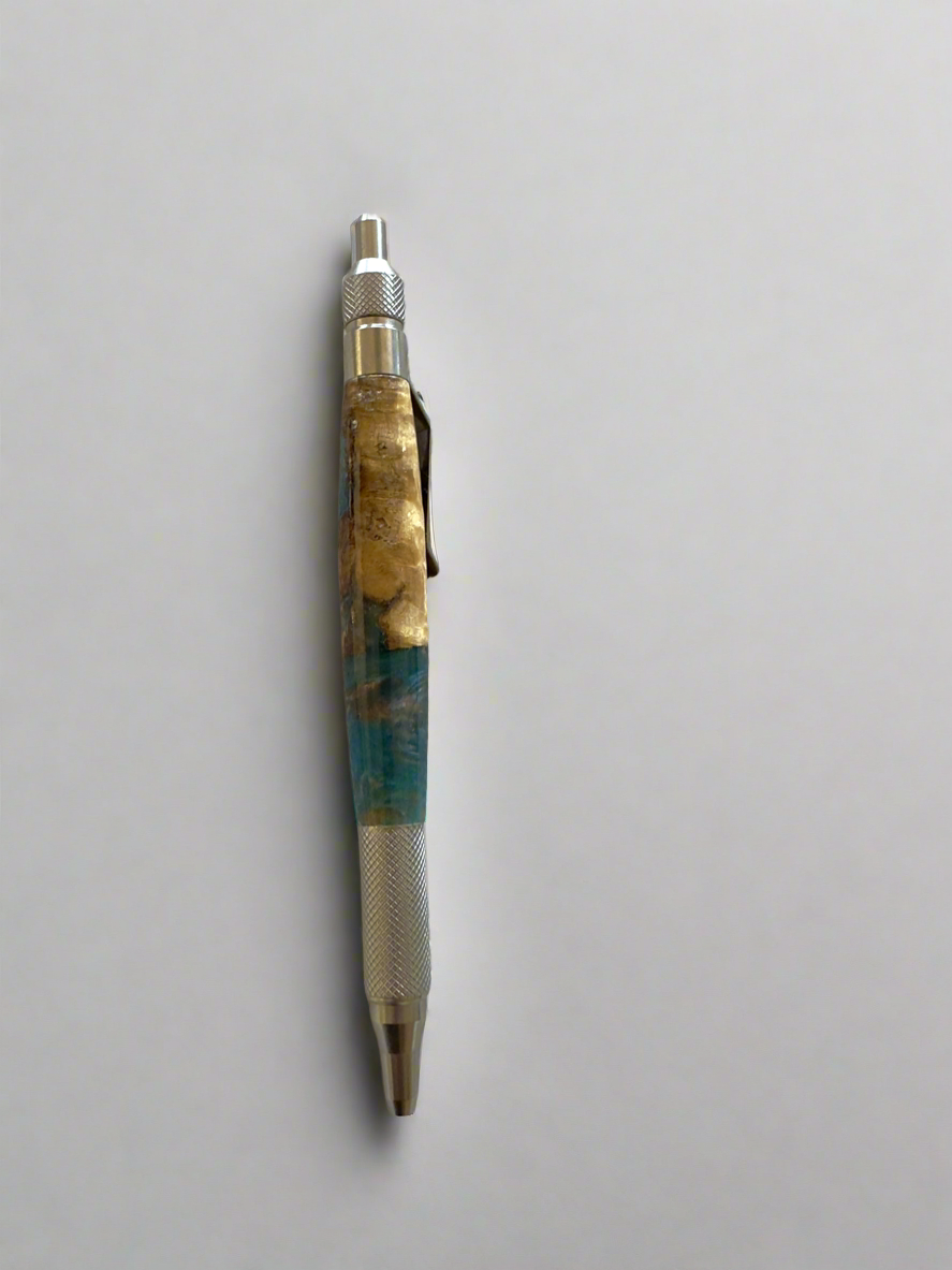 Turquoise/Copper/Silver and Stainless Steel Ballpoint EDC Click Pen; Epoxy resin and cottonwood burl; Hand casted and Hand turned