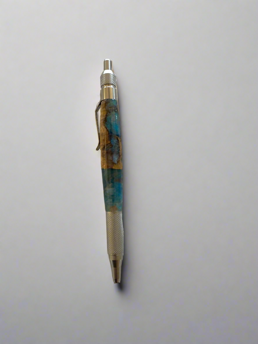 Turquoise/Copper/Silver and Stainless Steel Ballpoint EDC Click Pen; Epoxy resin and cottonwood burl; Hand casted and Hand turned