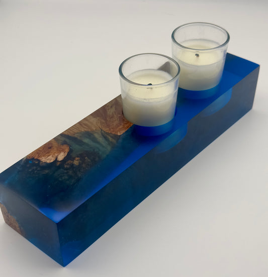 Ocean Blue Resin and Maple Burl Wood Votive Candleholder