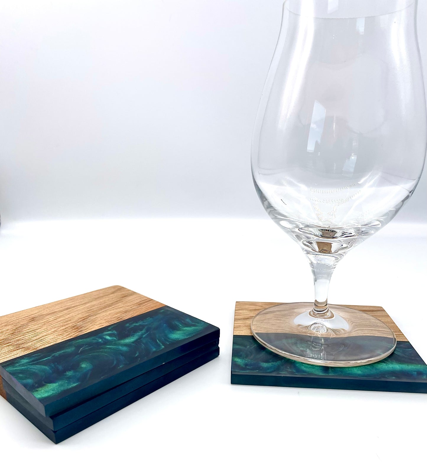 Green Color Shifting Epoxy Resin and Wood Coasters (Set of 4)