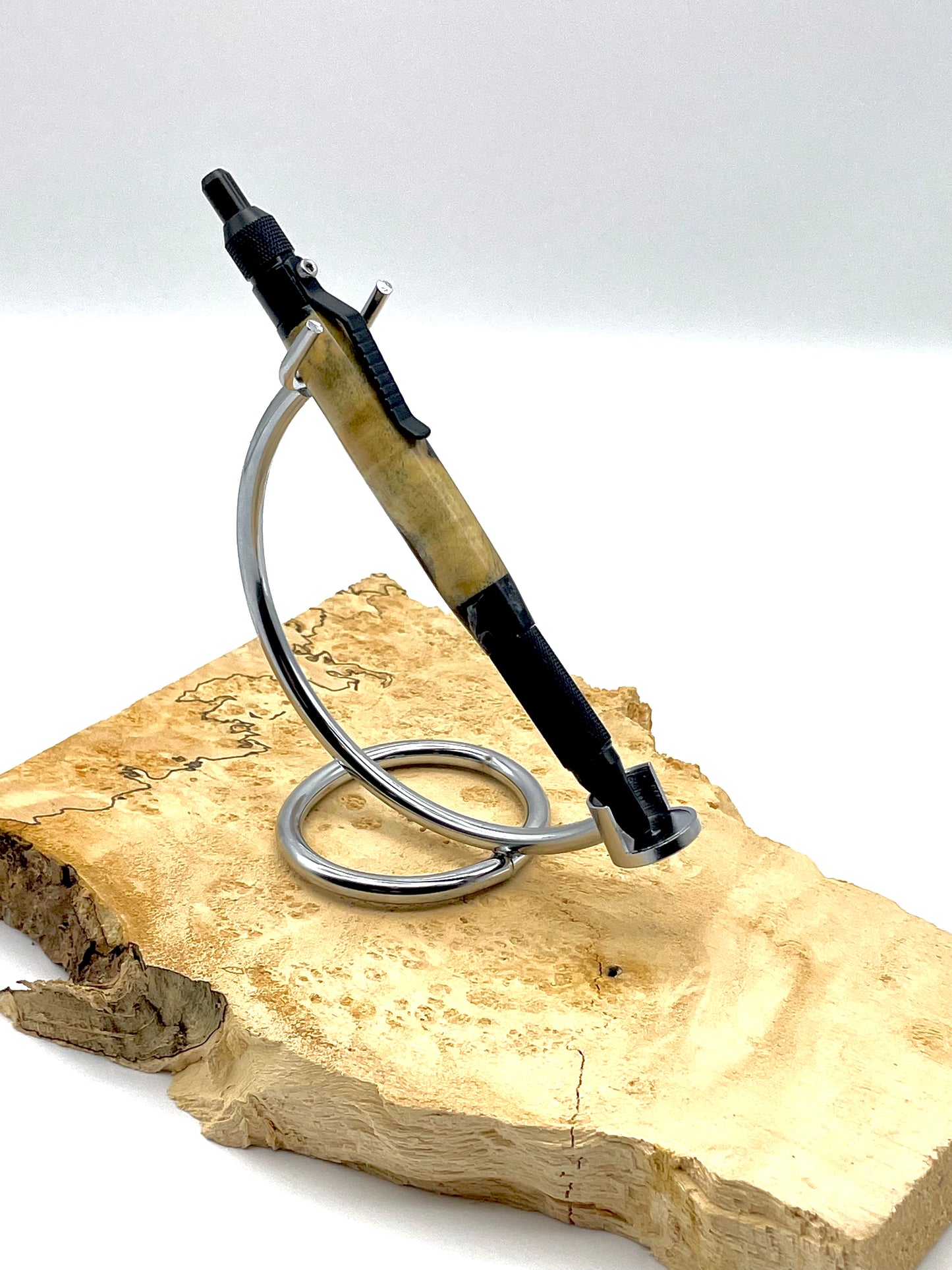 Black and White Ballpoint EDC Click Pen; Epoxy resin and maple burl; Hand casted and hand turned