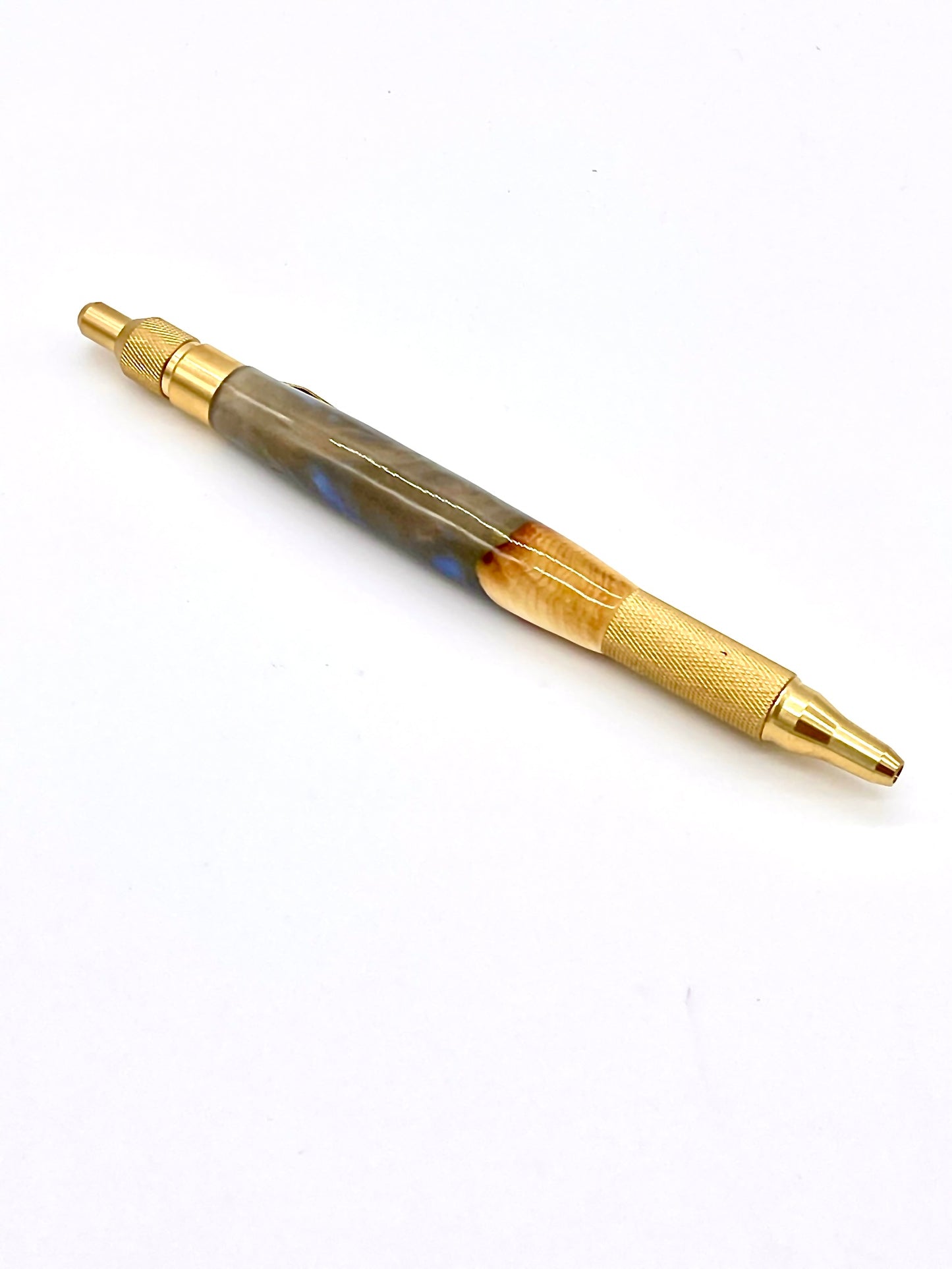 Blue and Gold Ballpoint EDC Click Pen; Epoxy resin and cottonwood burl; Hand casted and hand turned