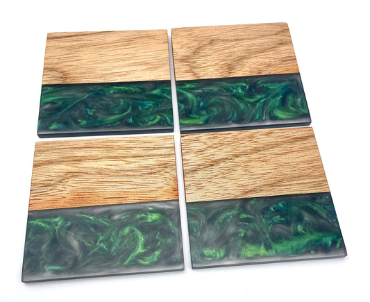 Green Color Shifting Epoxy Resin and Wood Coasters (Set of 4)