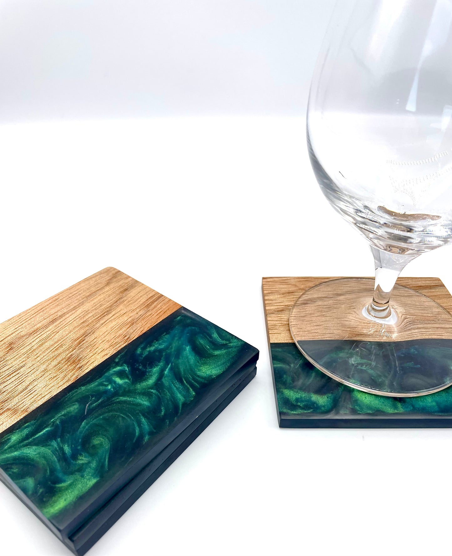 Green Color Shifting Epoxy Resin and Wood Coasters (Set of 4)