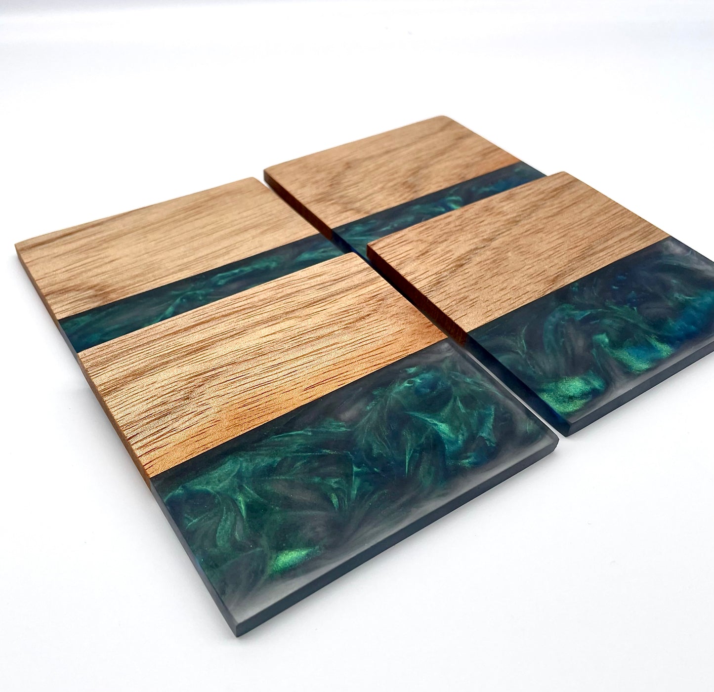 Green Color Shifting Epoxy Resin and Wood Coasters (Set of 4)