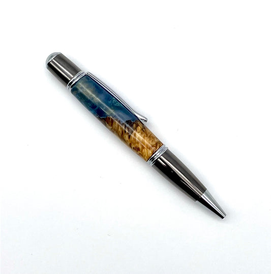 Blue and Gunmetal/Chrome Ballpoint Gatsby Grande Twist Pen; Epoxy resin and cottonwood burl; Hand casted and hand turned