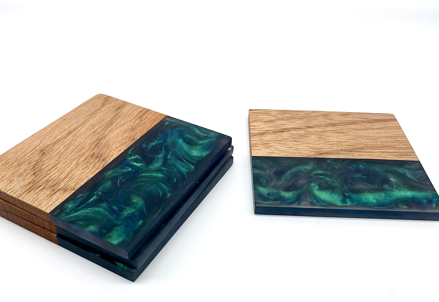 Green Color Shifting Epoxy Resin and Wood Coasters (Set of 4)