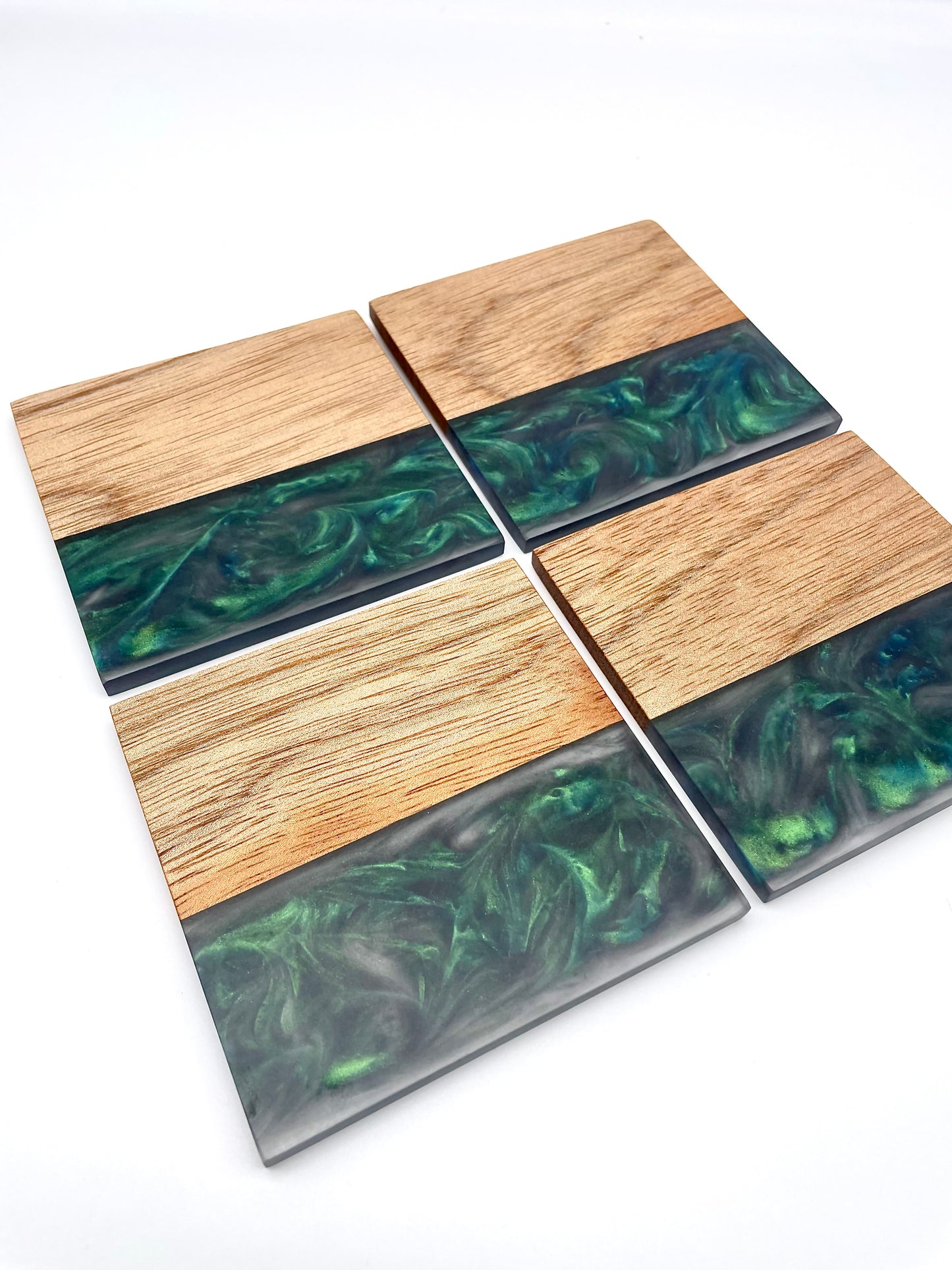 Green Color Shifting Epoxy Resin and Wood Coasters (Set of 4)