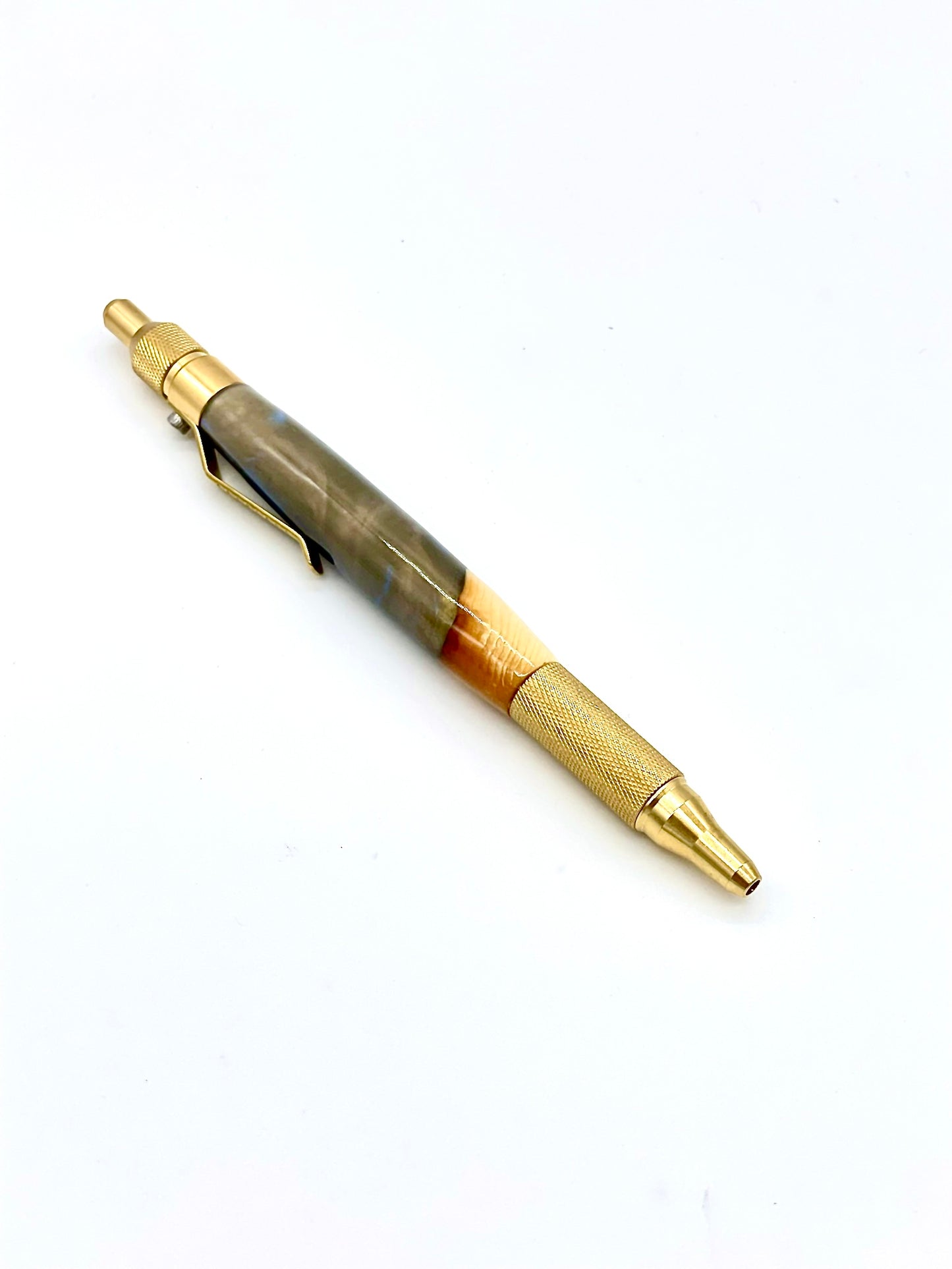 Blue and Gold Ballpoint EDC Click Pen; Epoxy resin and cottonwood burl; Hand casted and hand turned