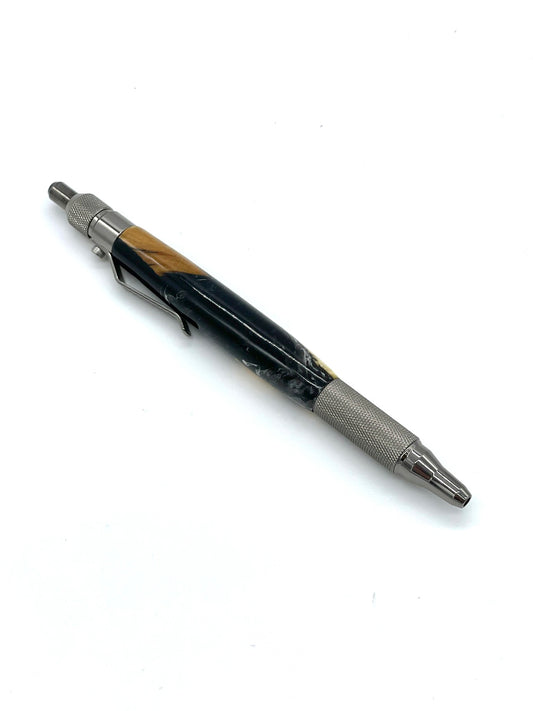 Black and White Ballpoint EDC Click Pen; Epoxy resin and maple burl; Hand casted and hand turned