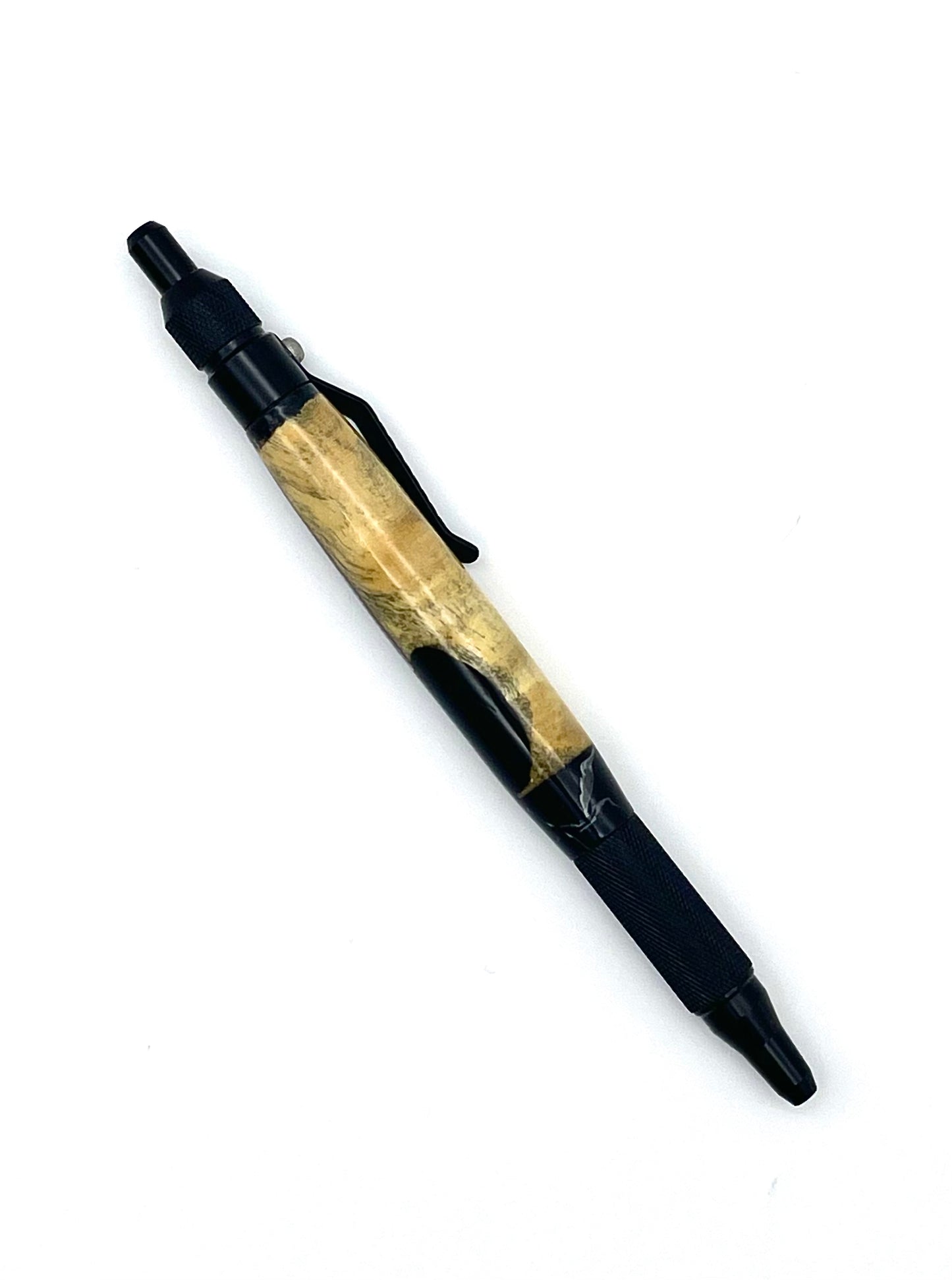 Black and White Ballpoint EDC Click Pen; Epoxy resin and maple burl; Hand casted and hand turned